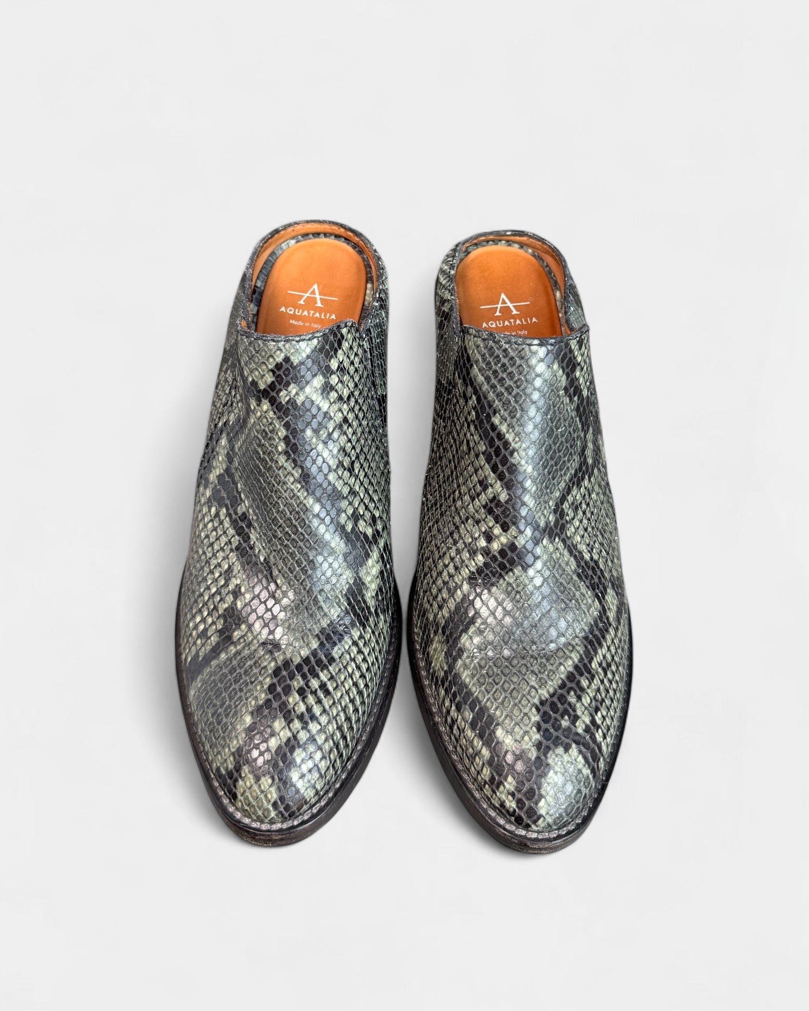 Aquatalia green python-effect leather mules, 8.5