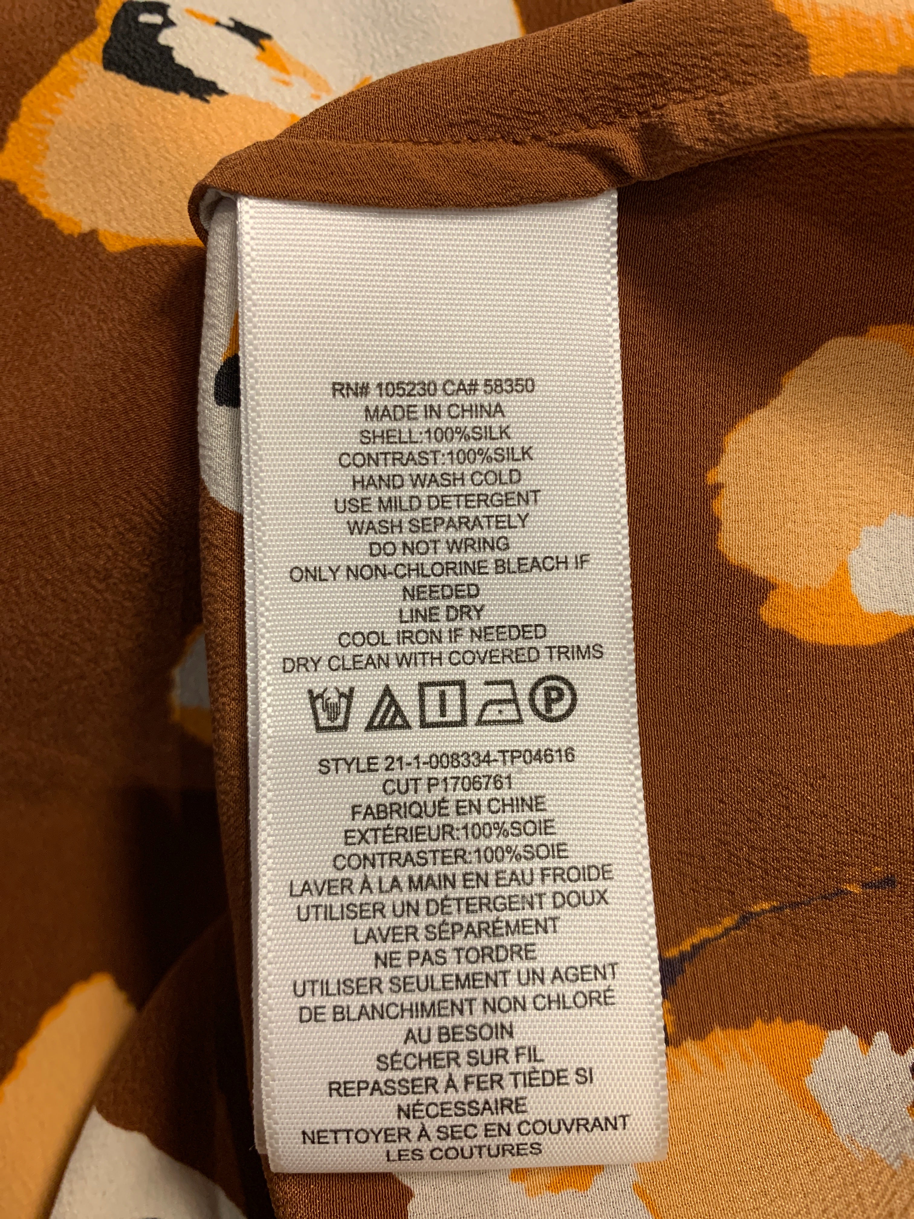 100% silk printed blouse, brown/orange/white, Equipment, L