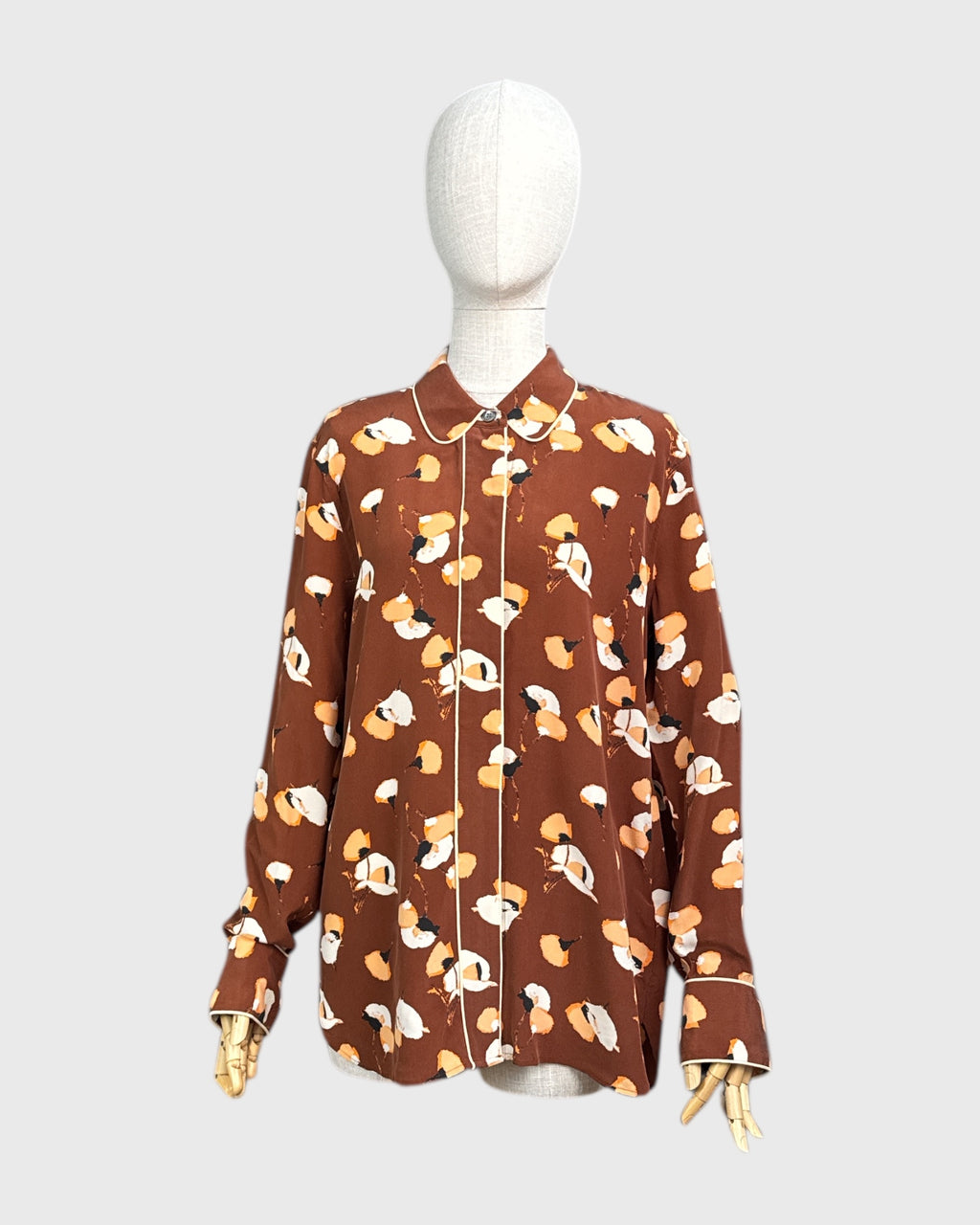100% silk printed blouse, brown/orange/white, Equipment, L