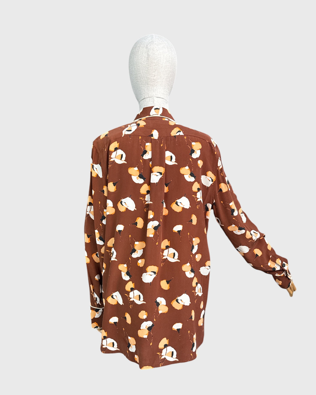 100% silk printed blouse, brown/orange/white, Equipment, L