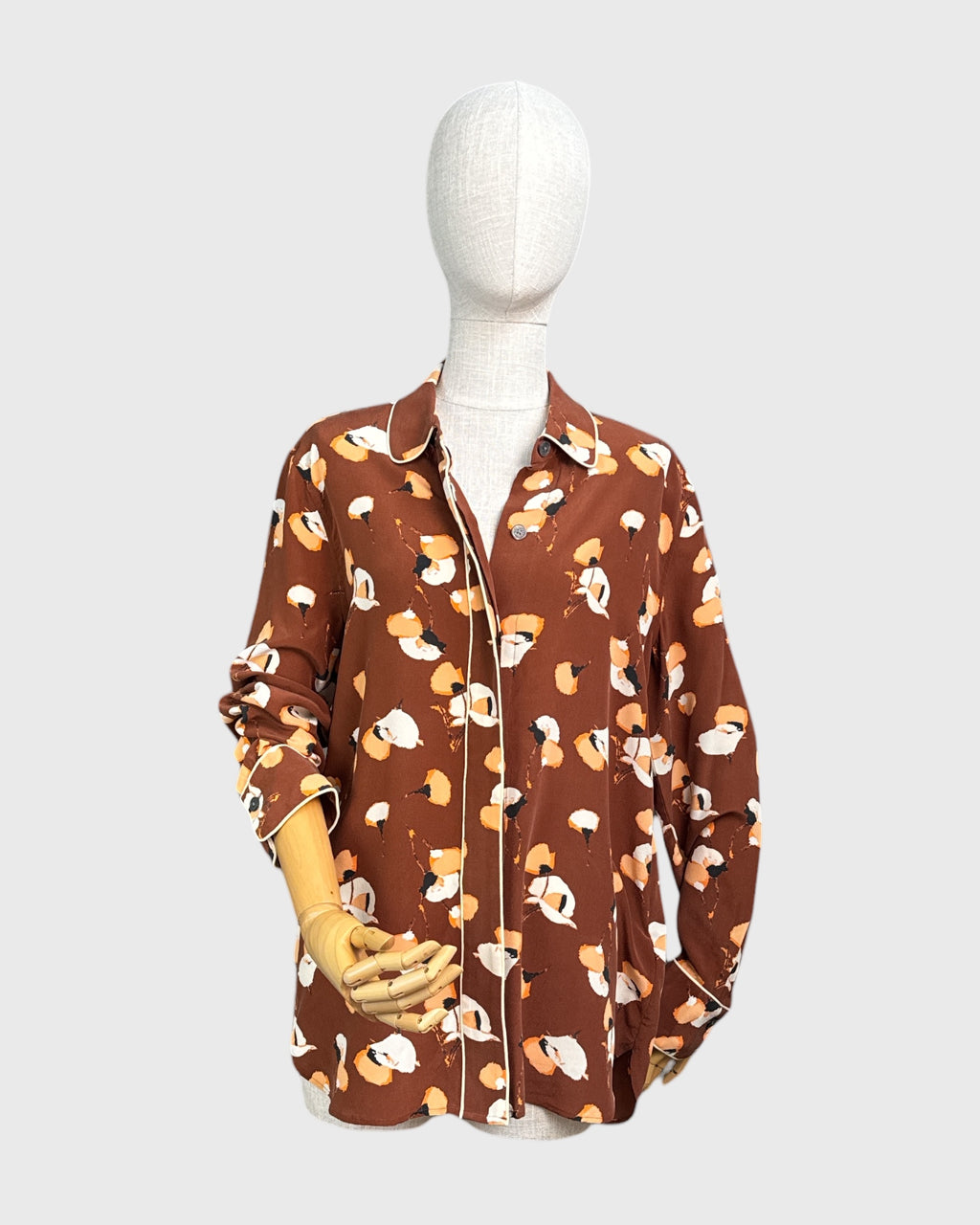 100% silk printed blouse, brown/orange/white, Equipment, L