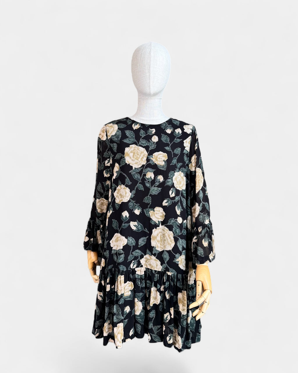 Ganni Black Floral Chiffon Flowing Dress, S