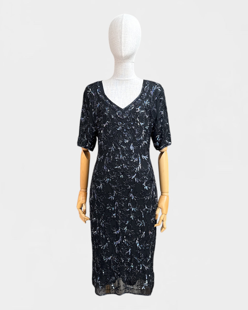 100% Silk Sequin Dress, Black Petals, S/M