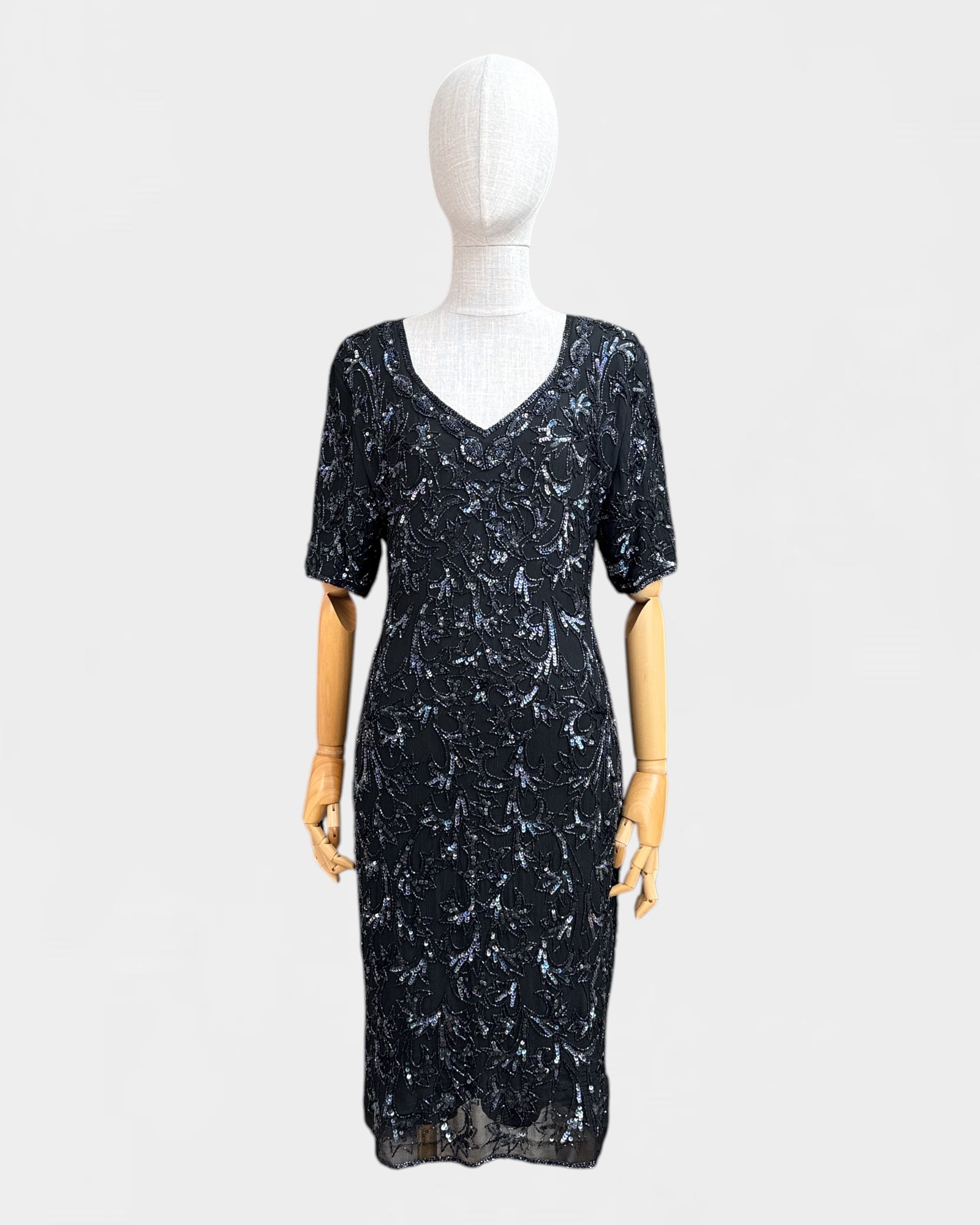 100% Silk Sequin Dress, Black Petals, S/M