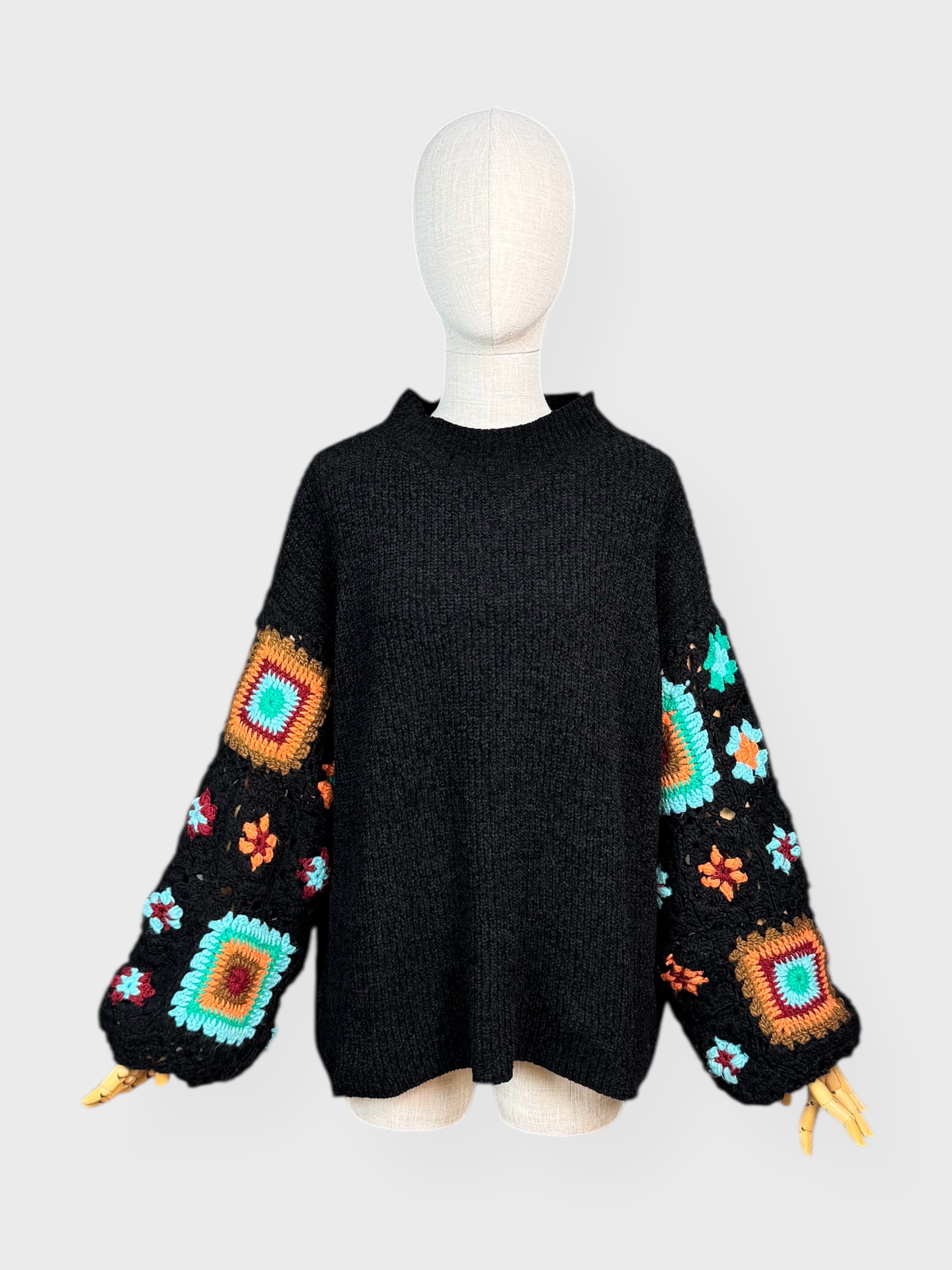 Black sweater with multicolored patchwork crochet sleeves, Pol, M