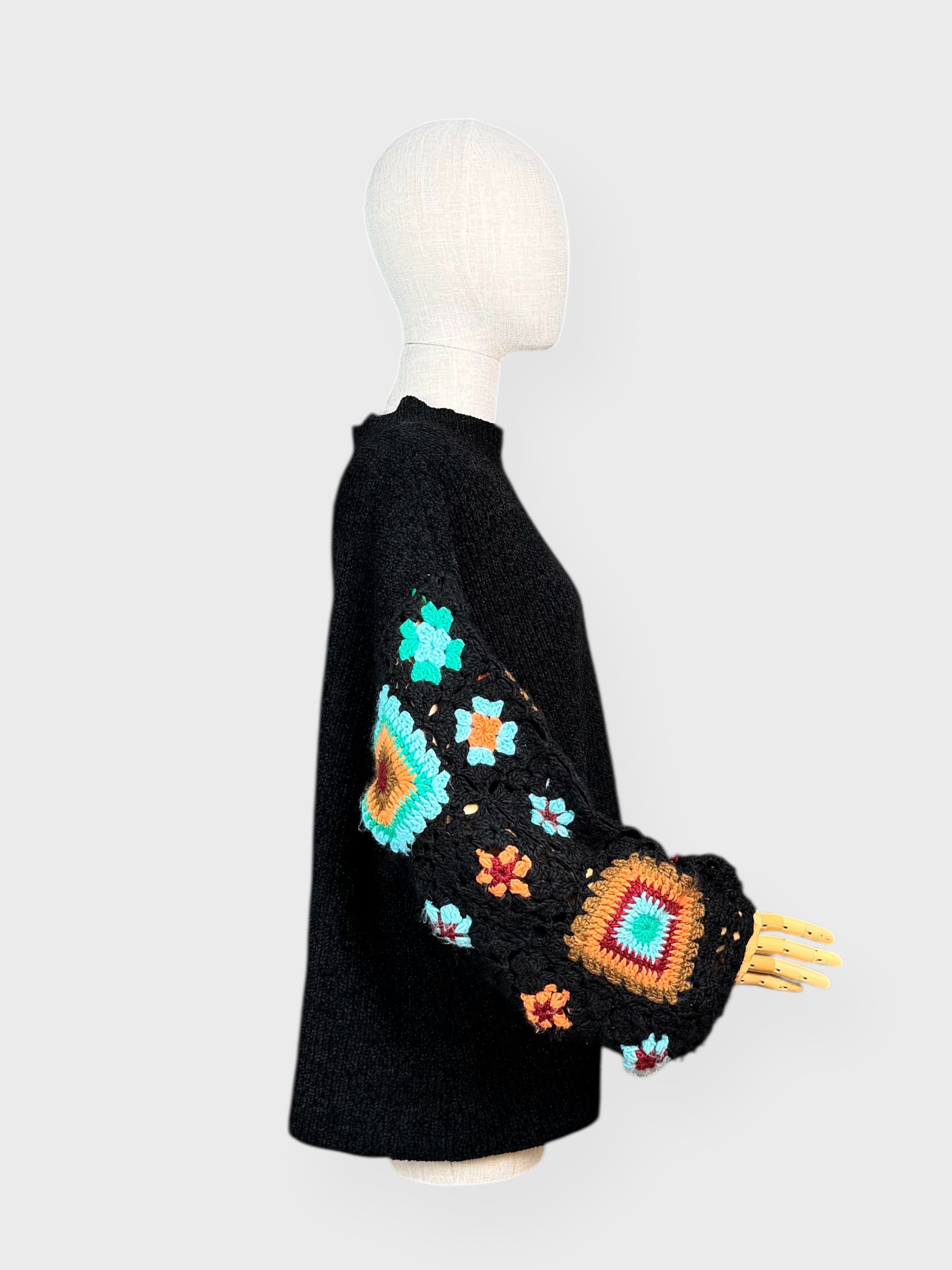 Black sweater with multicolored patchwork crochet sleeves, Pol, M