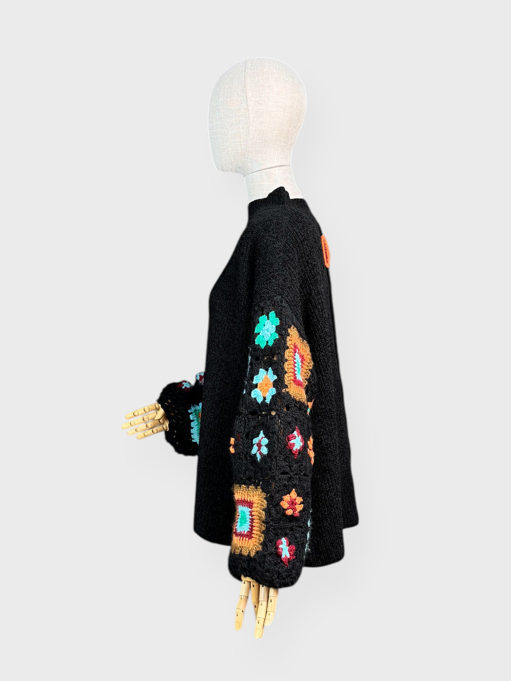 Black sweater with multicolored patchwork crochet sleeves, Pol, M