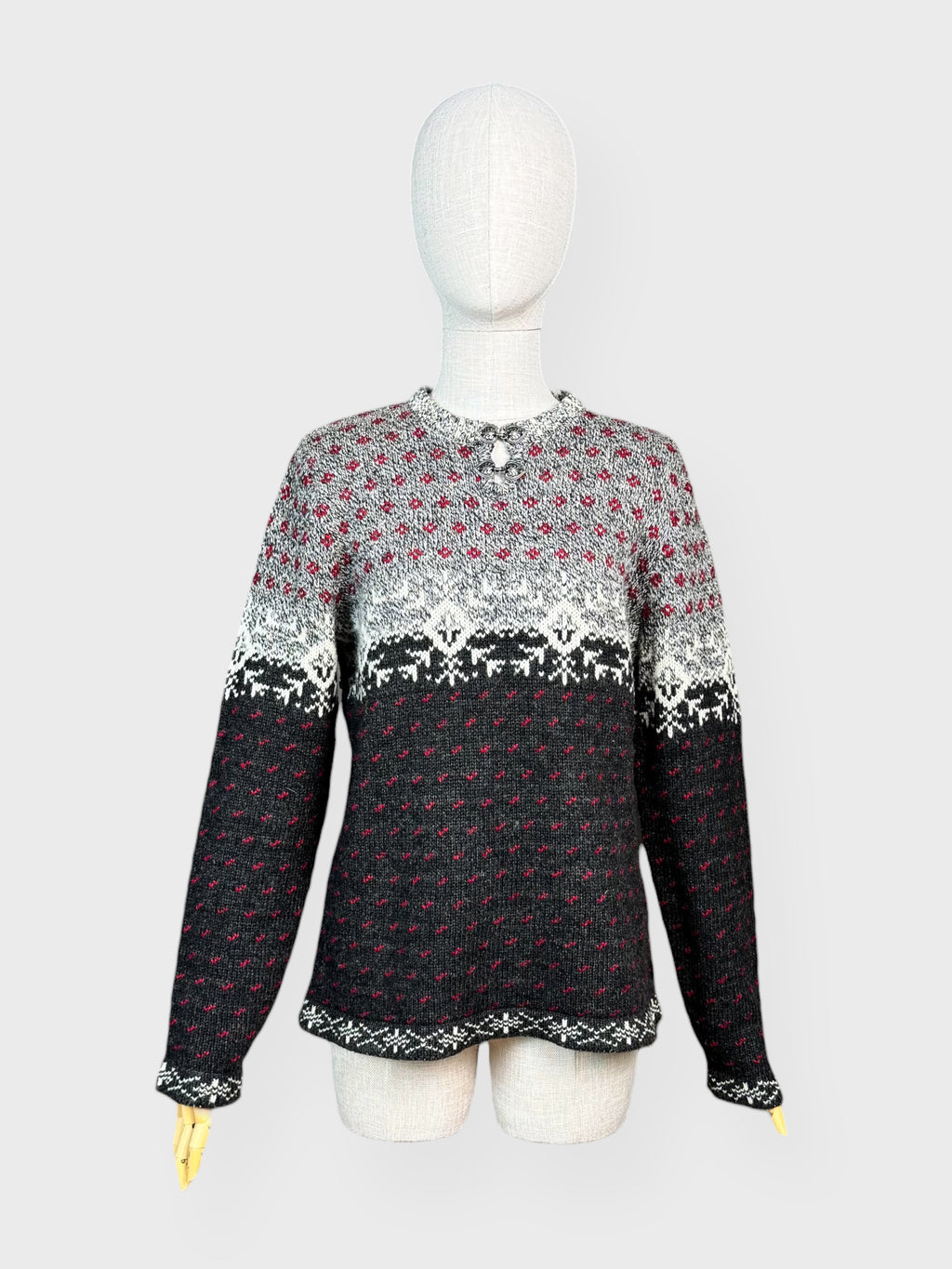 Woolrich Nordic patterned knit in grey, black, white and red, M